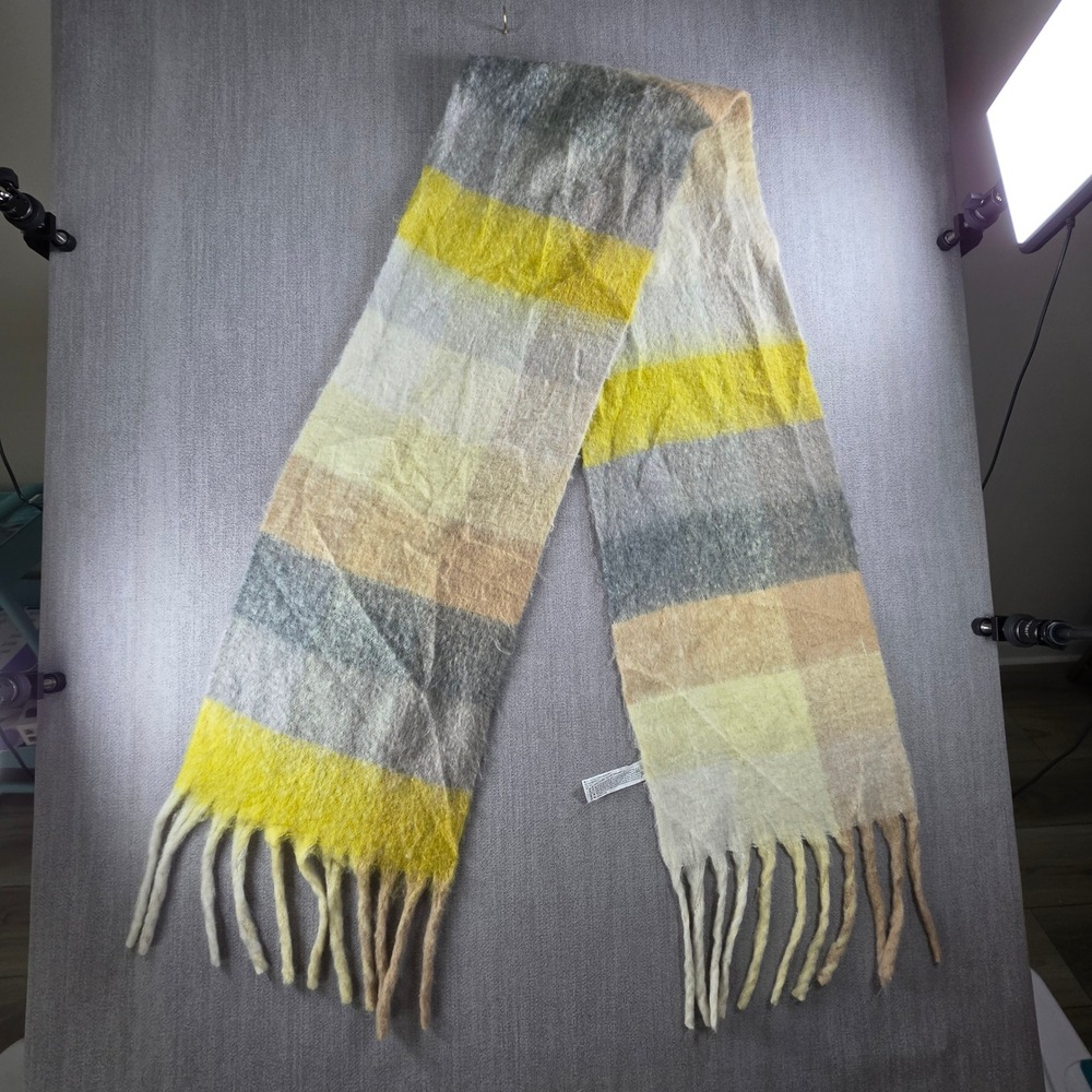 Forever 21 Scarf Women OS Yellow Grey Plaid Colorblock Oversized Fringe‎ Blanket